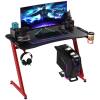 HOMCOM 122 x 66 cm Gaming Desk, Carbon Fibre Covered Computer Desk, Gamer Workstation with Headphone Hook, Cup Holder and Gamepad Storage Rack, Black and Red(m-1)