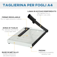 HOMCOM Tagliacarte per 12 Fogli max con Griglia e Stampa Metrica, in Metallo e ABS, 48x26.5x5 cm, Bianco e Nero(m-4)