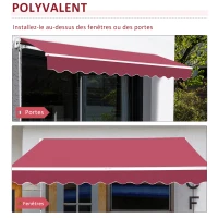 Outsunny Store banne manuel rétractable 395 x 245 cm store exterieur terrasse avec manivelle, angle réglable 45°-85°, aluminium et polyester 280 g/m², protection UV, auvent de terrasse, bordeaux(m-5)