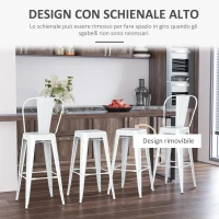 HOMCOM Set 4 Sgabelli da Cucina di Design in Metallo con Schienale Rimovibile e Poggiapiedi, 44x46x116cm, Bianco(m-4)