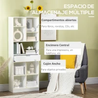 HOMCOM Estantería de Madera con 1 Cajón y 9 Compartimentos Mueble Librería para Salón Oficina Estudio 60x26x158cm Blanco(m-4)