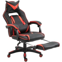HOMCOM Chaise gaming Fauteuil Gamer Fauteuil de Bureau ergonomique avec support lombaire et Repose-Pieds revêtement synthétique Noir Rouge(m-10)