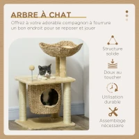 PawHut Arbre à chats griffoir sisal naturel 1 niche panier pompon peluche jacinthe d'eau 45 x 40 x 74 cm beige(m-4)