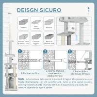 PawHut Albero Tiragraffi per Gatti a Soffitto con Piattaforme e Casetta, 60x40x225-255cm, Grigio(m-7)
