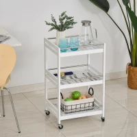 HOMCOM 3-Tier Home Trolley Kitchen Storage Cart w/ Steel Bars 4 Universal Wheels Rolling Unit Organiser Living Room White(m-2)