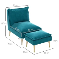 HOMCOM Fauteuil de relaxation avec repose-pieds fauteuil relax de salon pieds en bois d'hévéa revêtement aspect velours bleu(m-3)