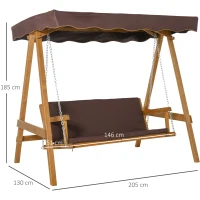Outsunny 3 Seater Garden Swing Seat Outdoor Swing Chair with Adjustable Canopy, Wooden Hammock Bench with  Padded Cushions for Patio Yard, Brown(m-3)