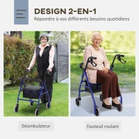 HOMCOM Déambulateur 4 roues - déambulateur pliable léger - assise + dossier rembourré - poignées ergonomiques, freins à main - panier rangement - métal bleu(m-5)