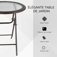 Outsunny Table ronde bistro de jardin pliable dim. Ø 68 x 73H cm métal époxy résine tressée chocolat plateau verre trempé(m-5)