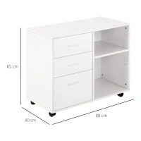 HOMCOM Armario de Oficina para Impresora Mueble Multifuncional con 3 Cajones Estantes y Ruedas 80x40x65 cm Blanco(m-3)