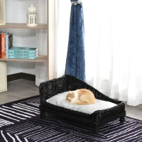 Pawhut Wicker Dog Cat Bed Kitten Lounger  Pet Bed Rattan Willow Basket Soft Cushion Lightweight 69 x 42 x 33 cm Black(m-2)