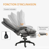 Vinsetto Fauteuil de bureau massant, chaise de bureau, chaise ergonomique avec hauteur réglable, dossier inclinable, repose-pied intégré et télécommande filaire, pivotant à 360°, toile de lin gris(m-5)