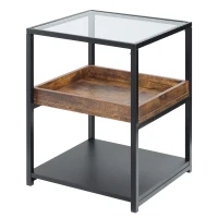HOMCOM Industrial Side Table, 3-Tier End Table with Glass Top, Storage Shelves, Nightstand with Steel Frame for Bedroom, Living Room, Rustic Brown(m-11)