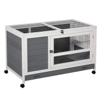 PawHut Indoor Rabbit Hutch Guinea Pig House Wooden Elevated Pet Bunny Cage with Wheels Openable Roof 102 x 60 x 63.5cm Grey(m-11)