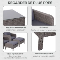 Outsunny Lot de 2 fauteuils de jardin grand confort repose-pied table basse résine tressée imitation rotin coussins gris(m-6)