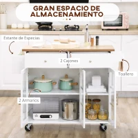 HOMCOM Carro de Cocina con Ruedas Isla de Cocina con 2 Cajones 3 Puertas de Vidrio Templado Toallero 124,5x39,5x90 cm Blanco(m-4)