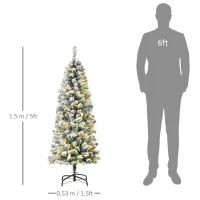 HOMCOM 5FT Prelit Artificial Snow Flocked Christmas Tree with Warm White LED Light, Holiday Home Xmas Decoration, Green White(m-3)