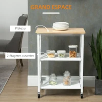 HOMCOM Chariot de service desserte de cuisine à roulettes pliante avec 2 étagères, plan de travail en bois hévéa - 60 x 40 x 84 cm - blanc(m-4)