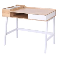 HOMCOM Computer Desk, Writing Desk, Study Workstation with Drawer, Storage Compartments, Cable Management, Laptop Table, Metal Frame, 100 x 55 x 81.5cm, Oak and White(m-11)