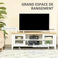 HOMCOM Meuble banc TV rangement avec 2 portes et 2 niches 140 x 39,5 x 50 cm - passe-câbles - en MDF - blanc(m-5)
