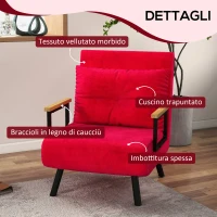 HOMCOM Poltrona Letto 3 in 1 con Schienale Reclinabile e Cuscino, in Tessuto Effetto Velluto, 63x73x81 cm, Rosso(m-6)