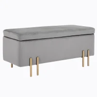 HOMCOM Banc de rangement coffre de rangement design contemporain- banc avec espace de stockage - dim. 100L x 40l x 42H cm - velours gris clair piètement métal doré(m-1)