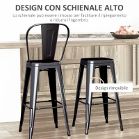 HOMCOM Set 2 Sgabelli da Bar Industriale con Schienale Rimovibile e Poggiapiedi, in Metallo, 44x49x116 cm, Nero(m-4)