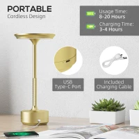 HOMCOM Cordless Table Lamp, Touch LED Desk Lamp with 4000mAh Rechargeable Battery, 3 Colour, for Bedroom Living Room, Gold Tone(m-4)