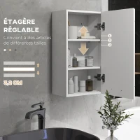 kleankin Armoire murale de salle de bain 1 porte avec étagère réglable en hauteur 3 niveaux 37 x 22,5 x 70 cm blanc haut brillant(m-5)