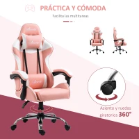 Vinsetto Silla Gaming Silla de Escritorio Reclinable 135° Reposacabezas y Cojín Lumbar  63x67x122-130 cm Rosa(m-6)