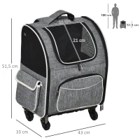 PawHut Sac de transport transporteur pour animaux 2 en 1 trolley chariot panier à roulette chariot sac à dos amovible respirable charge max. 10 kg tissu oxford gris(m-3)