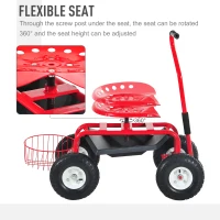 Outsunny Adjustable Rolling Garden Cart Outdoor Gardening Planting Station Trolley Swivel Gardener Work Seat Heavy Duty With Tool Tray & Basket Red 150kg(m-4)