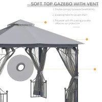 Outsunny 3 x 3(m) Garden Gazebo Patio Party Tent Shelter Outdoor Canopy Double Tier Sun Shade Metal Frame Netting, Light Grey(m-4)
