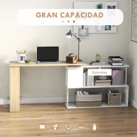 HOMCOM Escritorio en L con Estantería Mesa de Escritorio con Estantes para Oficina Estudio 120x110x74,5 cm Natural y Blanco(m-4)
