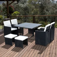 Outsunny 8 Seater Rattan Cube Garden Furniture Set, Rattan Dining Set with Cushions, Outdoor Dining Table and Chairs with 4 Armchairs, 4 Stools, Square Glass Top Table, Black(m-2)
