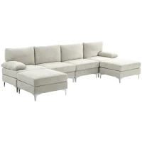 HOMCOM Divano Componibile 4 Pezzi con Poggiapiedi e Cuscini, in Tessuto effetto Ciniglia, 313x149x88 cm, Bianco Crema(m-10)