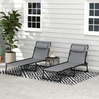 Outsunny Portable Sun Lounger Set of 2, Folding Camping Bed Cot, Reclining Lounge Chair 5-position Adjustable Backrest with Side Pocket, Pillow for Patio Garden Beach Pool, Grey(m-10)