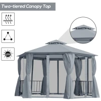 Outsunny 3 x 3(m) Hexagon Gazebo Patio Canopy Party Tent Outdoor Garden Shelter w/ 2 Tier Roof & Side Panel - Grey(m-4)