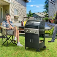 Outsunny 9kW Three-Burner Gas BBQ Grill, with See-Through Lid - Black(m-10)