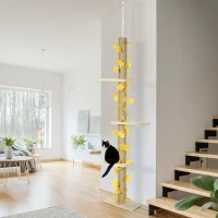 PawHut 242cm Adjustable Floor-To-Ceiling Cat Tree, with Artificial Decoration, Perches, Anti-Slip Kit - Yellow(m-2)