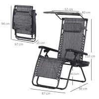 Outsunny Chaise Longue Pliable de Jardin Bain de Soleil zéro gravité Pare-Soleil et Dossier réglable Plateau Porte gobelet Accessoires Metal textilène Gris chiné(m-3)
