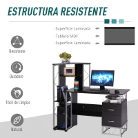 HOMCOM Escritorio con Estantería Librería Mesa de Ordenador PC con Superficie de 110 cm 2 Cajones y Múltiples Estantes para Oficina Estudio Despacho 133x55x123 cm Negro(m-5)