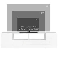 HOMCOM Meuble TV, banc TV, meuble de télévision, jusqu'à 60 pouces, avec lumières LED, 2 étagères et placards, panneau de porte brillant, 137 x 35 x 42 cm, blanc(m-7)
