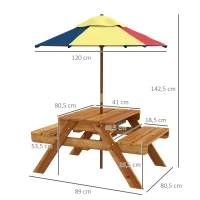 Outsunny Table de pique-nique pour enfants avec bancs, parasol amovible, 2 bacs en plastique, table 2 en 1 pour 4 enfants(m-3)