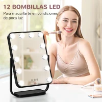 HOMCOM Espejo de Maquillaje con Luz Espejo Hollywood de Mesa con 12 LED 3 Modos y Luz Ajustable Pantalla Táctil y Función de Memoria para Dormitorio Baño 32,8x11x47,4 cm Negro(m-4)
