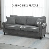 HOMCOM Sofá de 3 Plazas con Tachuelas Oro Envejecido Tapizado en Poliéster con 2 Cojines Decorativos 196x80,5x89 cm Gris(m-6)