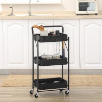 HOMCOM 3 Tier Storage Trolley Cart, Foldable Rolling Utility Cart with 3 Mesh Baskets, 4 Removable Hooks for Living Room, Laundry and Kitchen, Black(m-2)