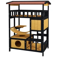 PawHut Outdoor Cat Shelter, Four-Tier Wooden Feral Cat House, with Suspension Bridge, Cat Houses, Balcony, Escape Doors(m-11)