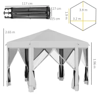 Outsunny 3.2m Pop Up Gazebo Hexagonal Canopy Tent Outdoor Sun Protection with Mesh Sidewalls, Handy Bag, Light Grey(m-3)