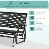Outsunny Mecedora de Ratán de 2 Plazas Banco Balancín de Jardín con Balanceo Ergonómico y Marco de Metal para Terraza Balcón Exterior Patio Hotel Carga 220 kg 120x70x84 cm Negro(m-5)